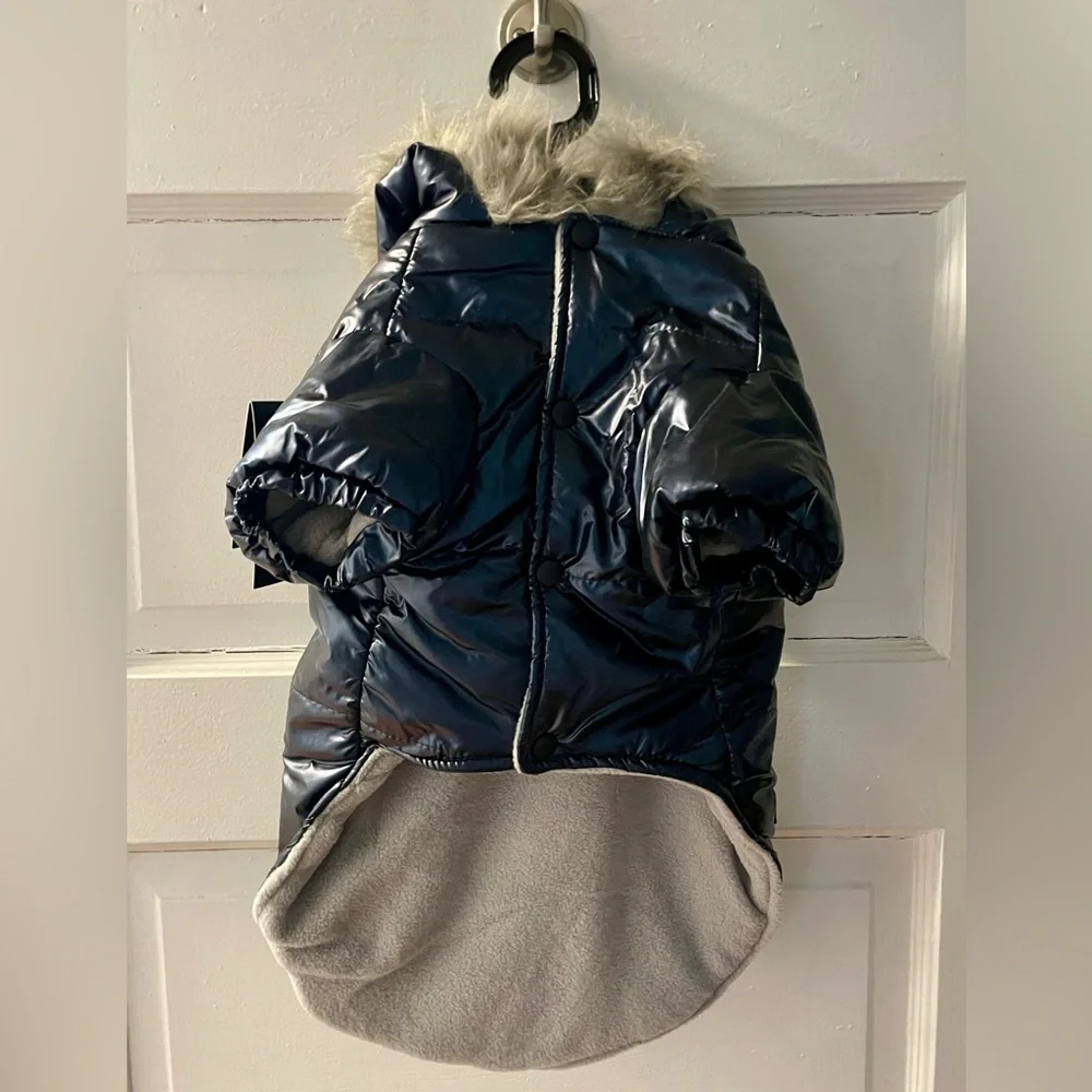 Nicole Miller Metallic Blue Dog Puffer with Hood - Picture 2 of 8